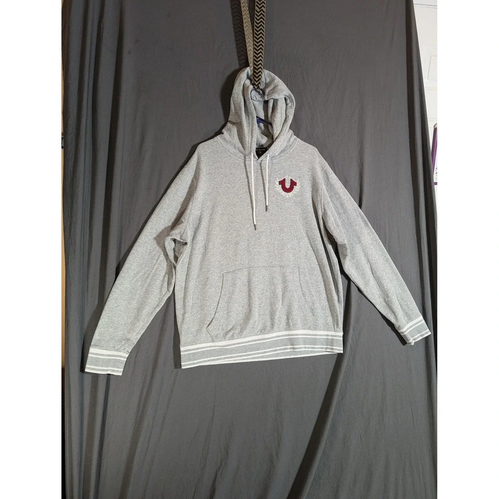 True Religion Collegiate Pullover Hoodie Mens 2XL 1TG Grey Embroidered‎ Logo